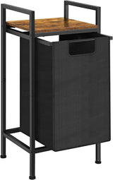 Black Laundry Hamper Basket with Removable Bag and Brown Wood Shelf