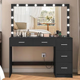 Makeup Vanity Desk with Mirror, 10 Lights, 5 Drawers, 3 Storage Shelves, 3 Color Modes & Adjustable Brightness Dressing Table, 35.4?? Desk, Black