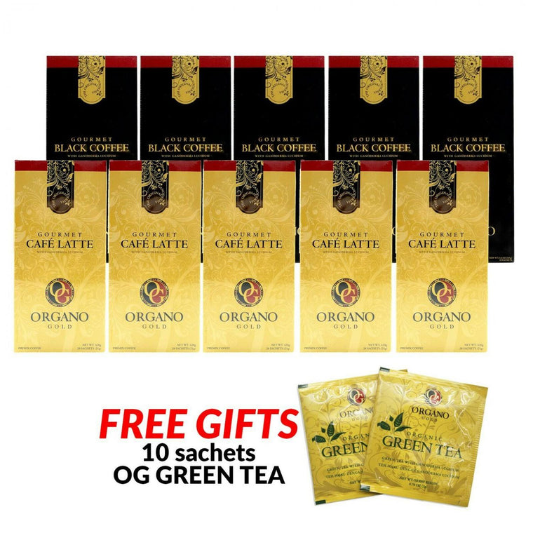 10 Boxes Organo Gold Gourmet (5) Cafe Latte (5) Black Coffee
