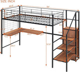 Black Twin Metal Loft Bed W/Desk Lateral Storage Ladder Wardrobe Glam Modern Contemporary Unisex Space MDF Finish Handmade Headboard Included